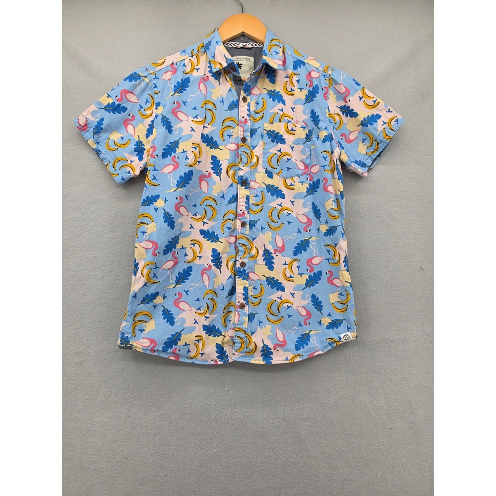 Free Planet Mens Shirt Medium Blue Flamingo Banana Tropical Cotton Button Down